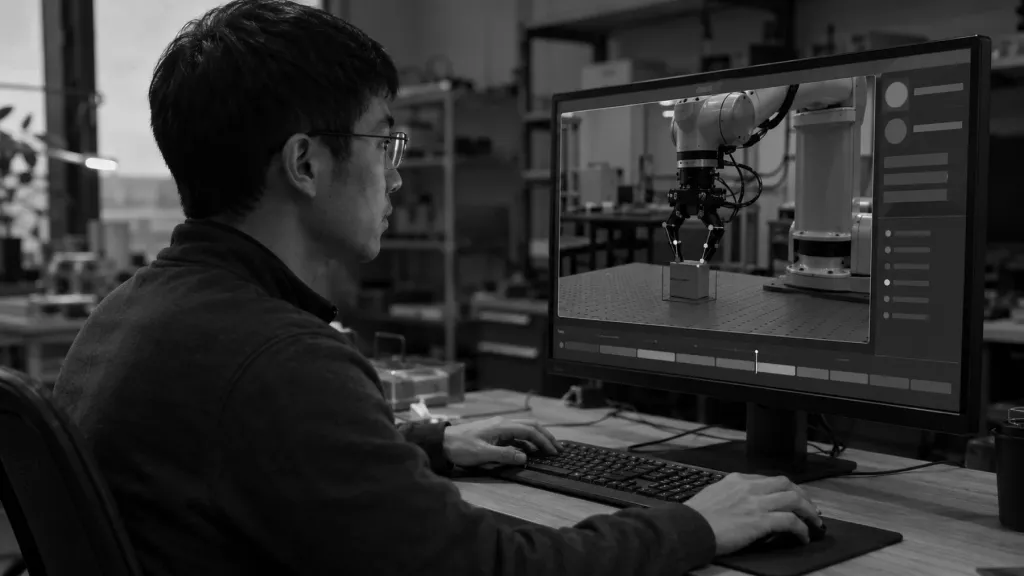 An annotator reviewing recorded robot footage frame by frame on a desktop monitor.