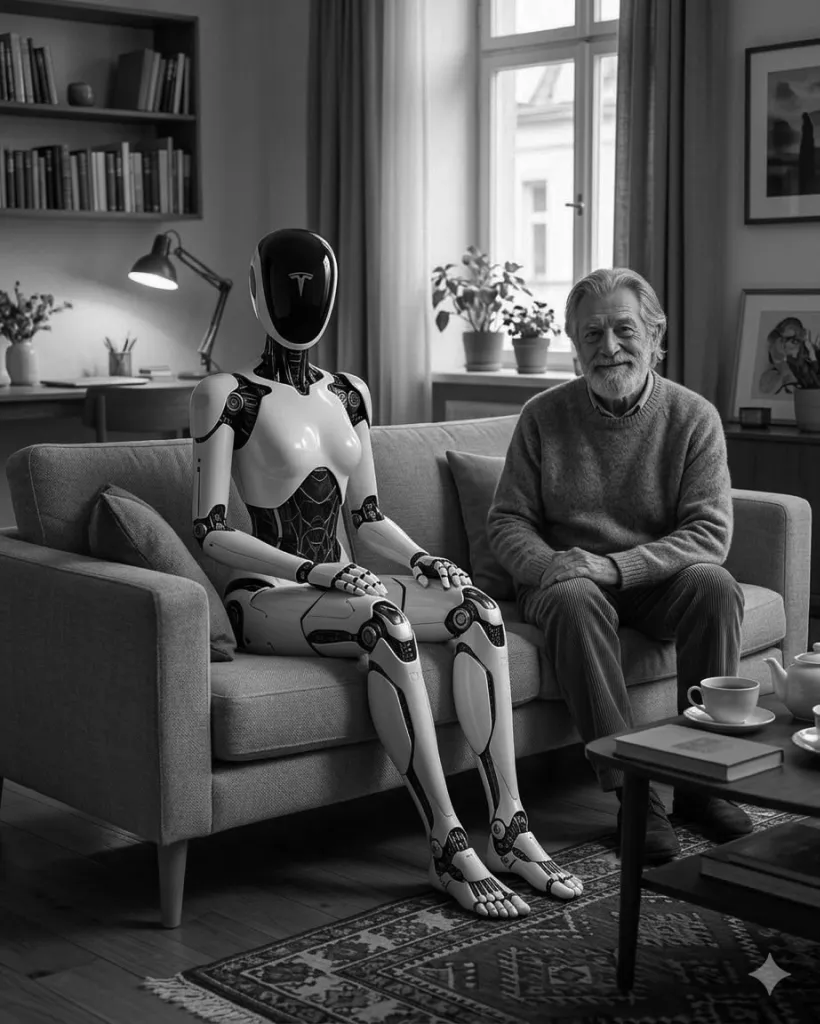 A humanoid robot and an older man sitting together on a sofa in a domestic living room.
