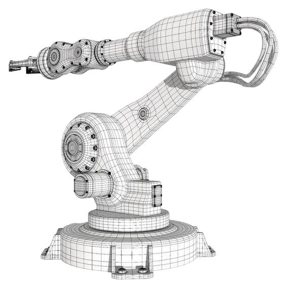 A six-axis industrial robot arm drawn as a wireframe mesh.
