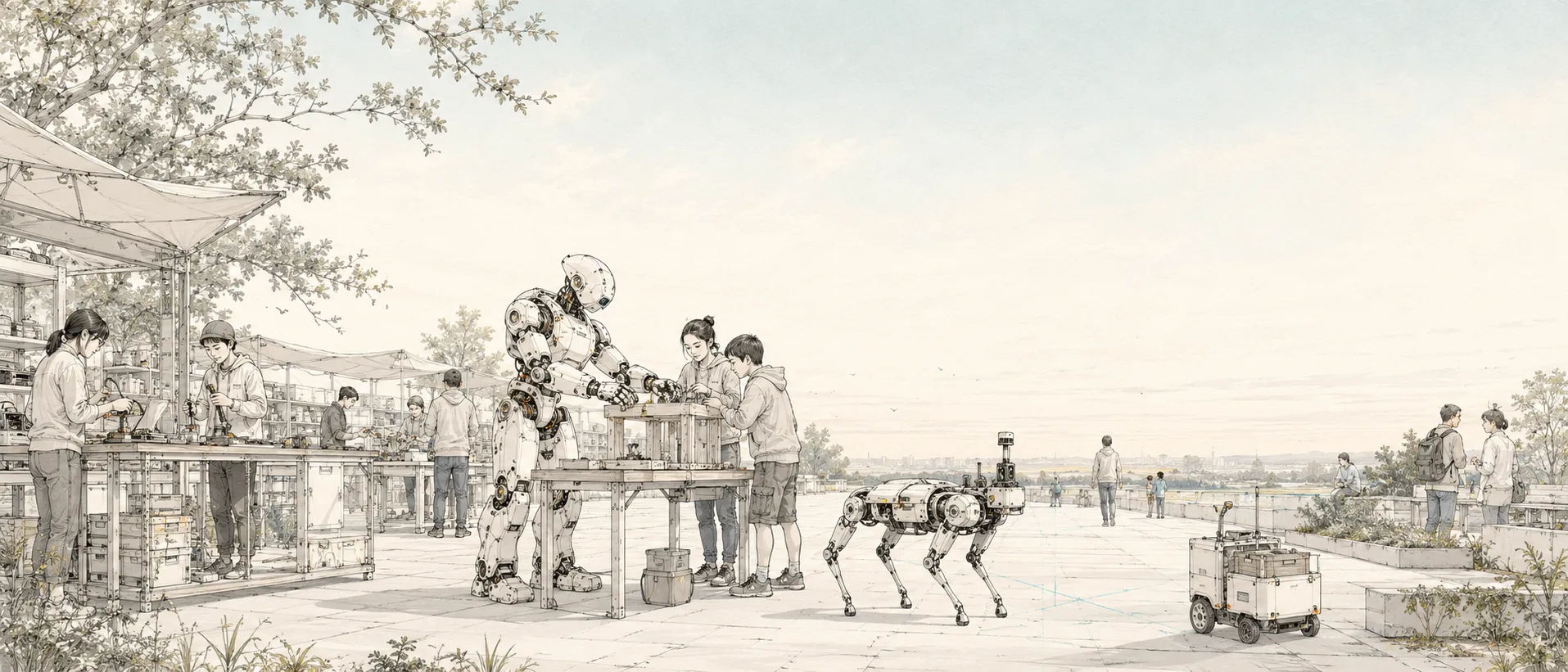 A humanoid robot at an outdoor workbench showing a build to two children, a robot dog waiting on the pavement beside them.
