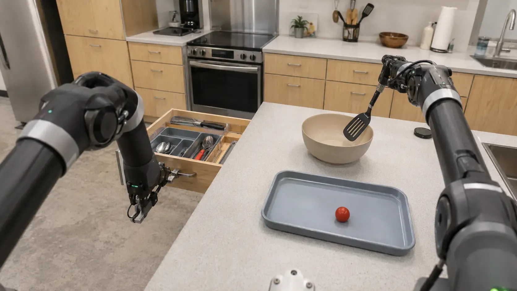 Two robot arms over a kitchen island, one reaching into an open cutlery drawer while the other holds a spatula above a bowl.