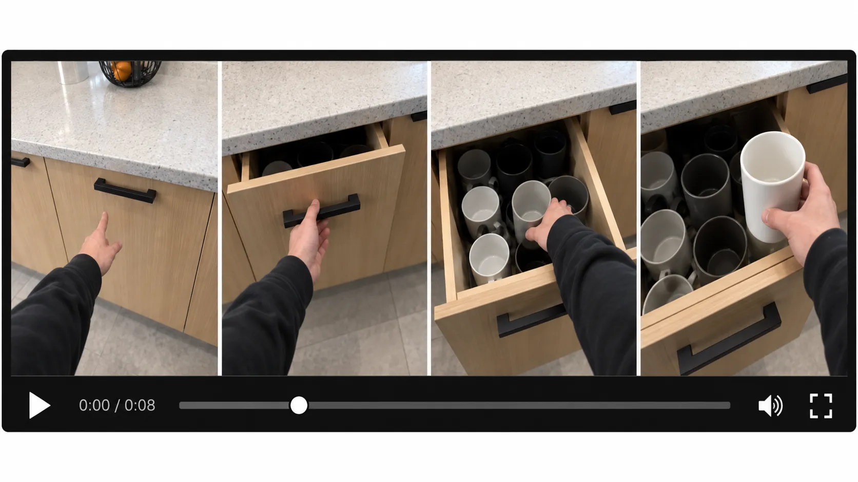Four sequential egocentric frames showing a person opening a drawer and removing a cup