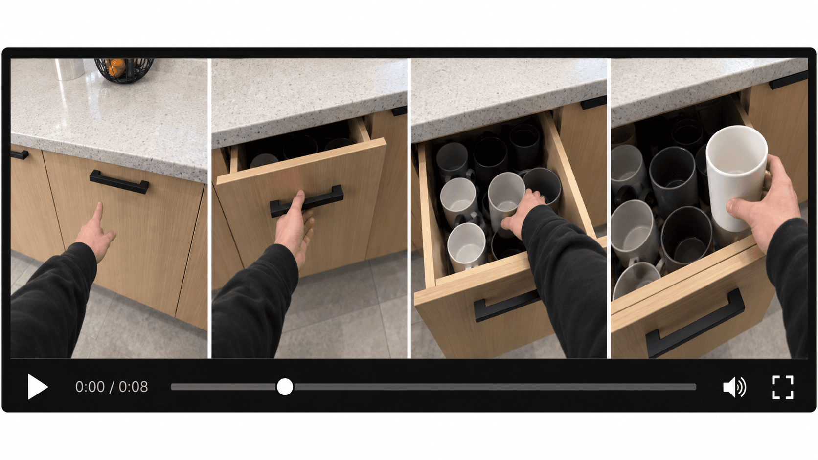Four sequential egocentric frames showing a person opening a drawer and removing a cup