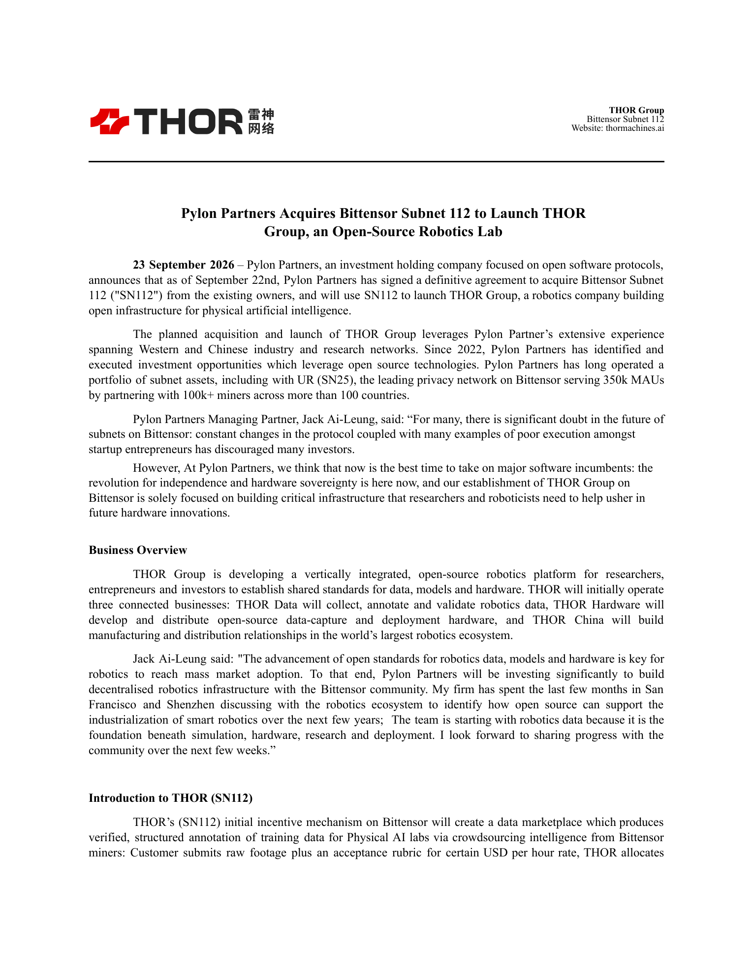 Pylon Partners Acquires Bittensor Subnet 112 to Launch THOR Group, an Open-Source Robotics Lab, page 1 of 2