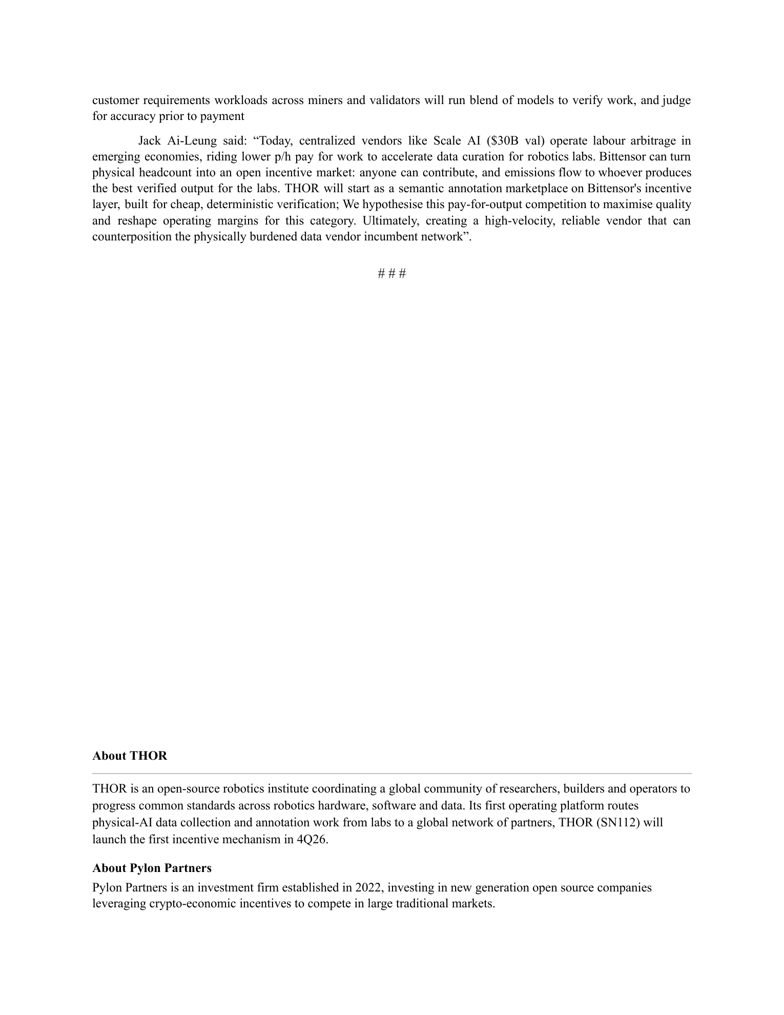Pylon Partners Acquires Bittensor Subnet 112 to Launch THOR Group, an Open-Source Robotics Lab, page 2 of 2